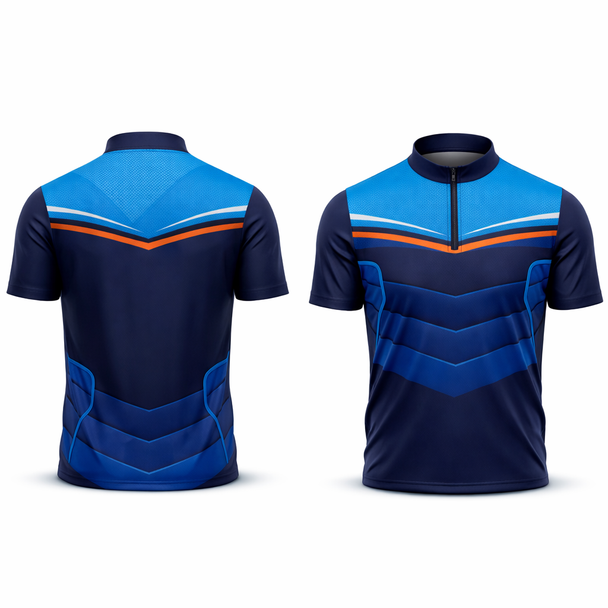 Custom cricket team jersey, navy with sky-blue yoke and orange trim, front and back view